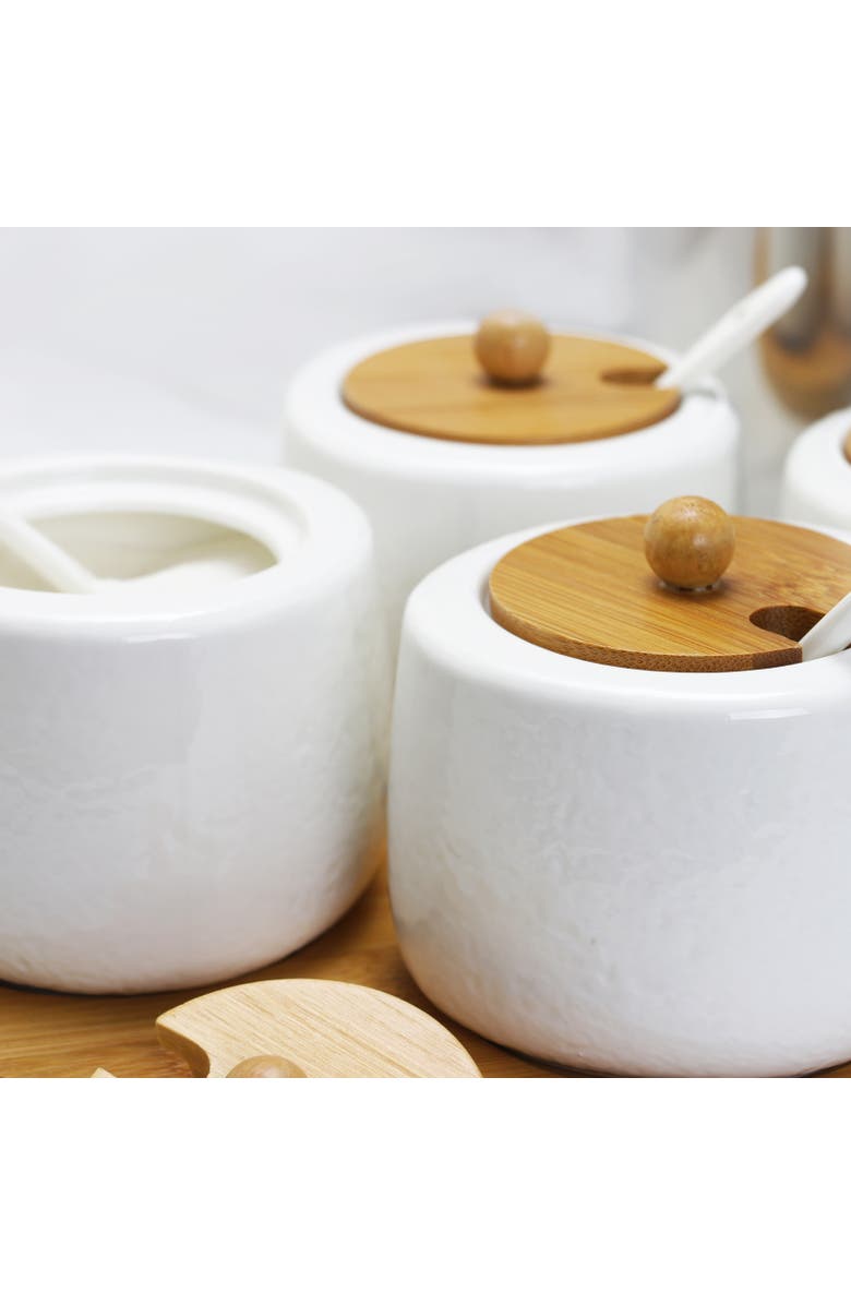 Elama Ceramic Spice, Jam and Salsa Jars with Wood Lids & Serving Spoons, Alternate, color, White