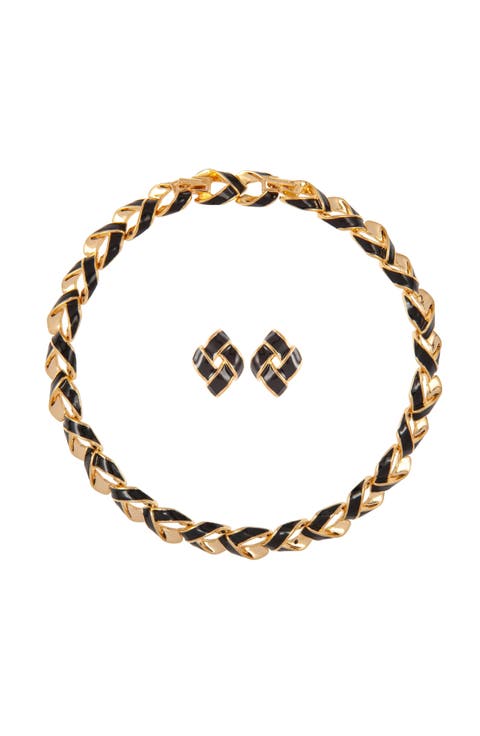 1990s Vintage D'Orlan Black Enamel Necklace and Earrings Set