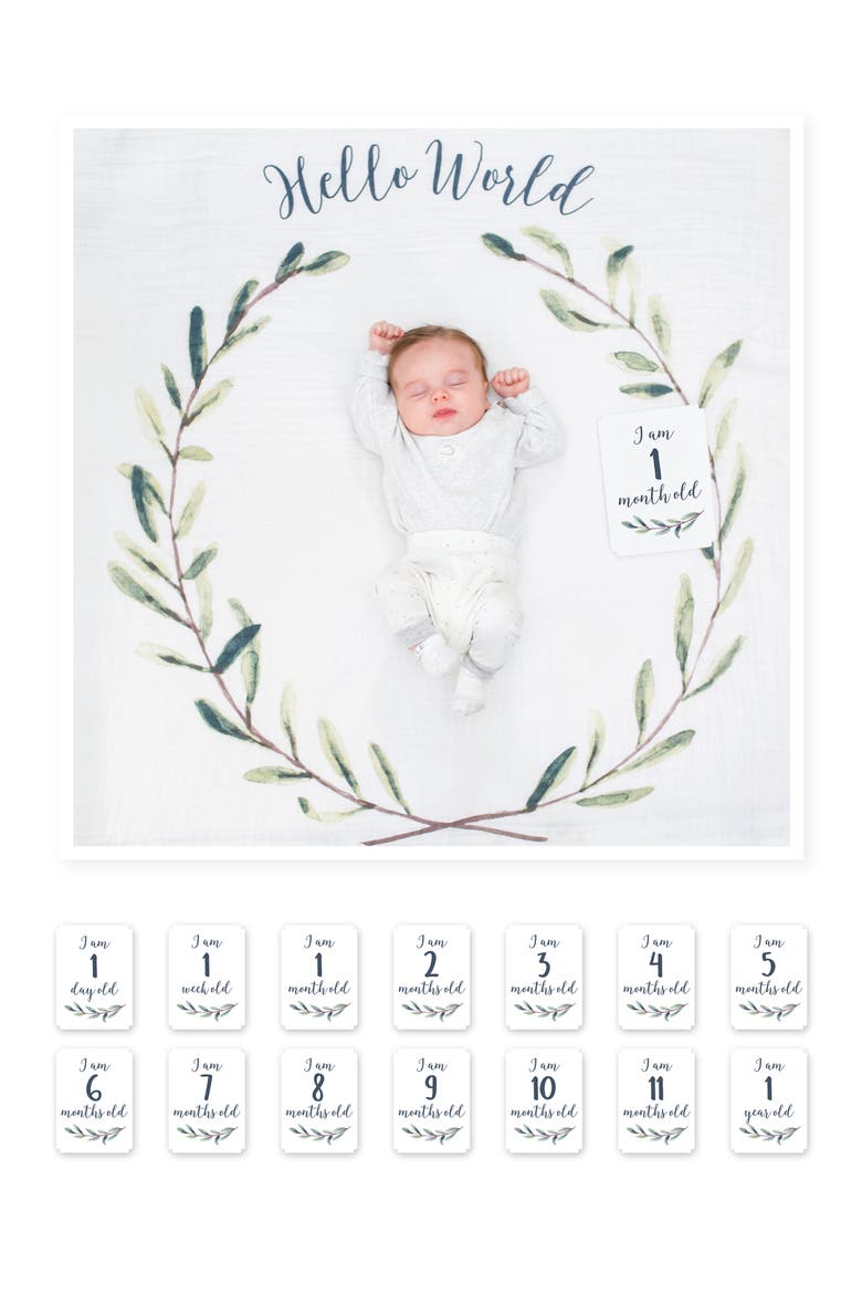 Baby's First Year Hello World Muslin Blanket & Milestone Card Set, Main, color, GREEN