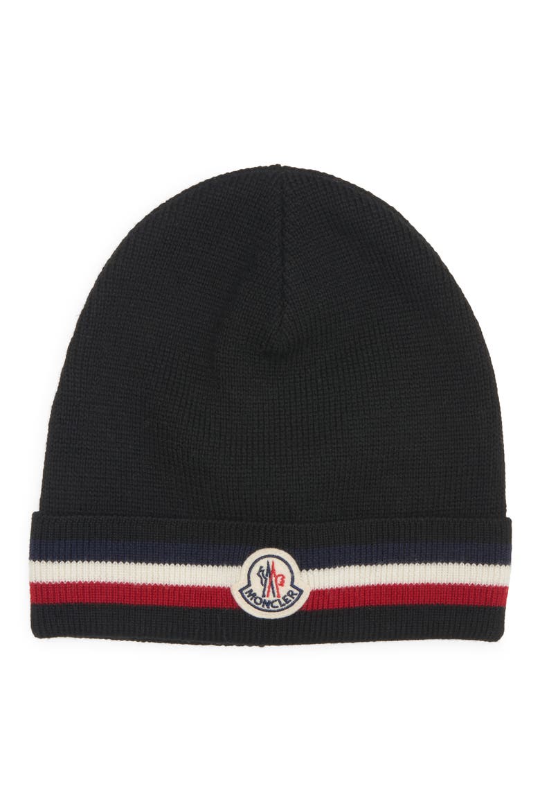 Tricolor Stripe Ribbed Wool Beanie, Main, color, BLACK/ BLACK