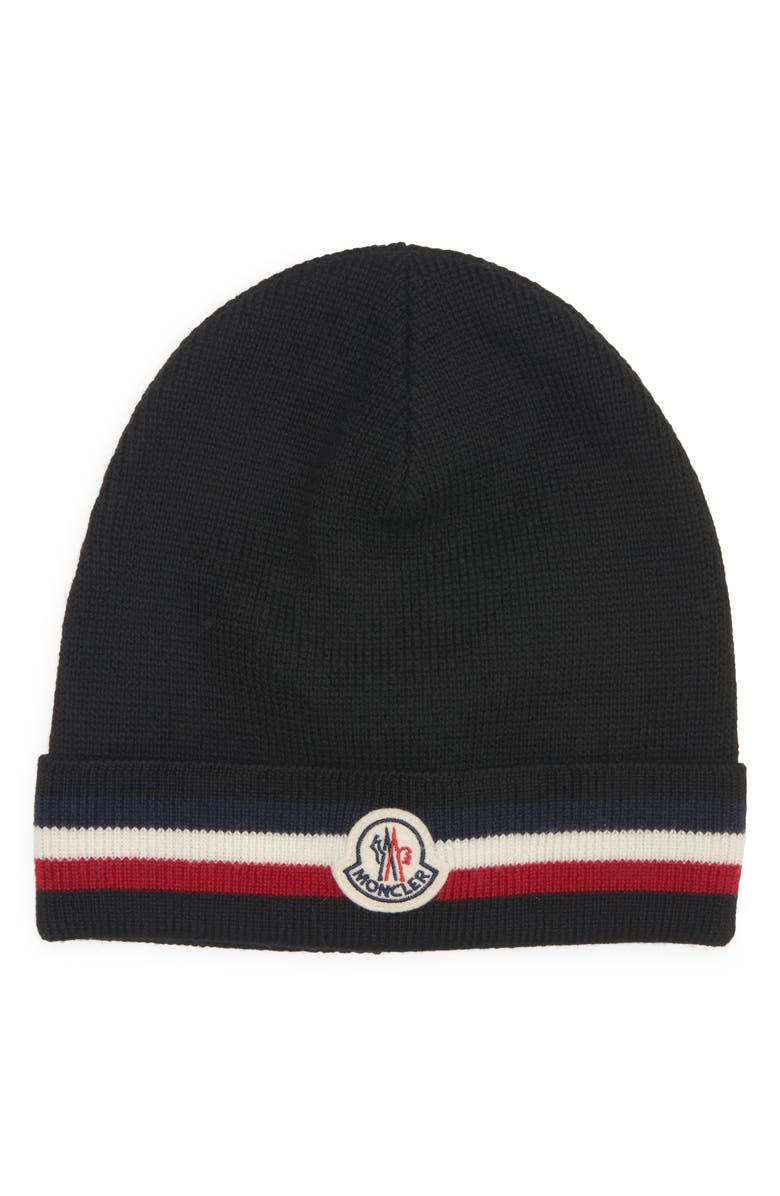 Moncler Tricolor Stripe Ribbed Wool Beanie, Main, color, Black