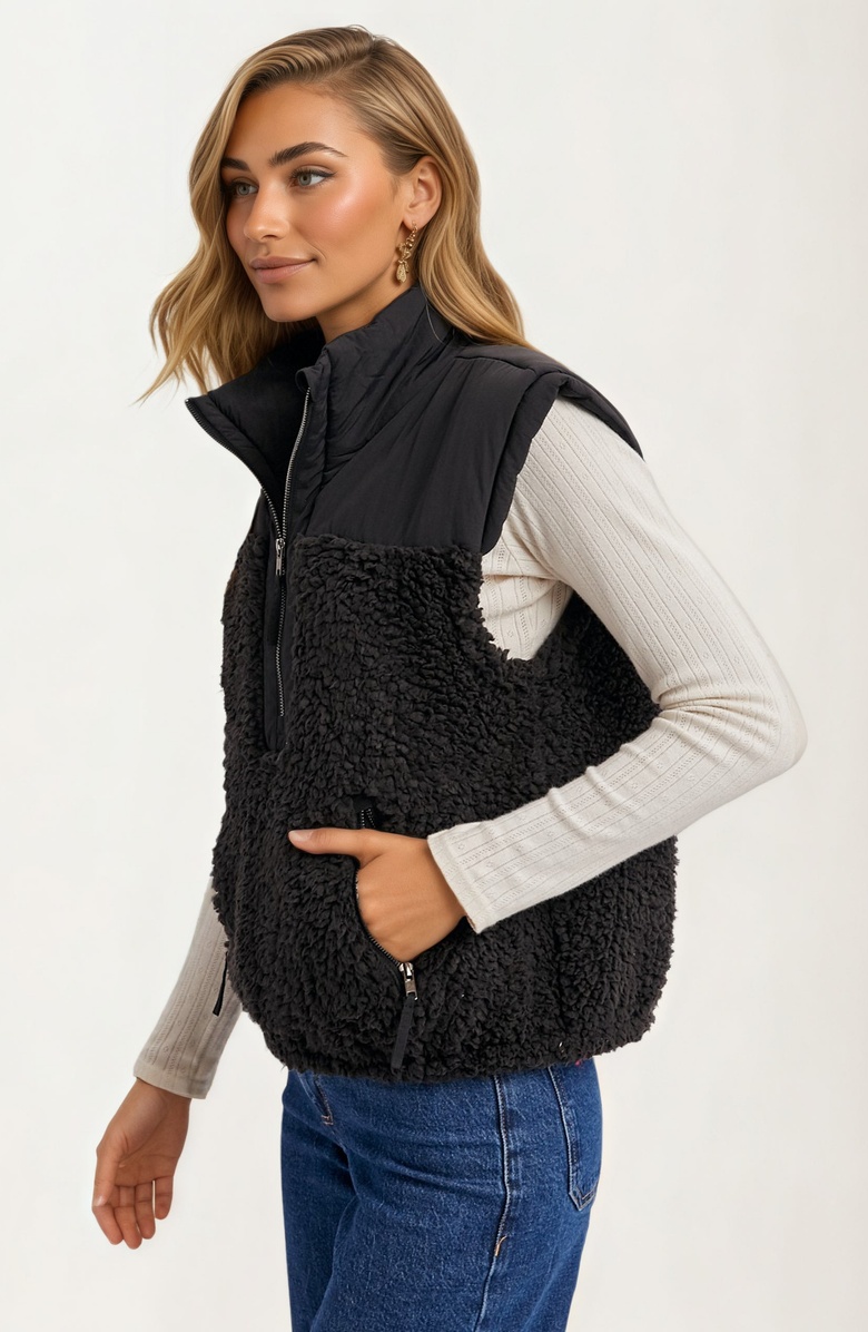 Knit and Lounge Textured Zip Vest with Quilted Detail and Pockets, Alternate, color, 