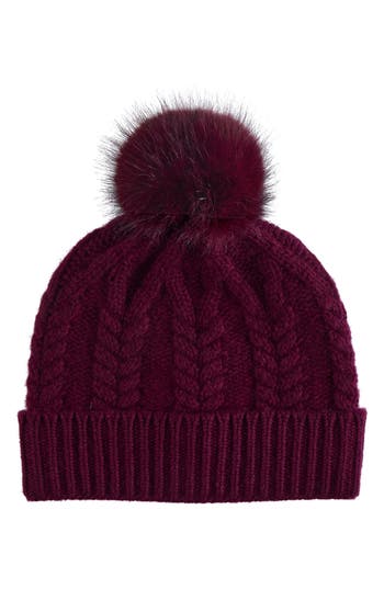 Sofia Cashmere Cashmere Faux Fur Pompom Beanie In Burgundy