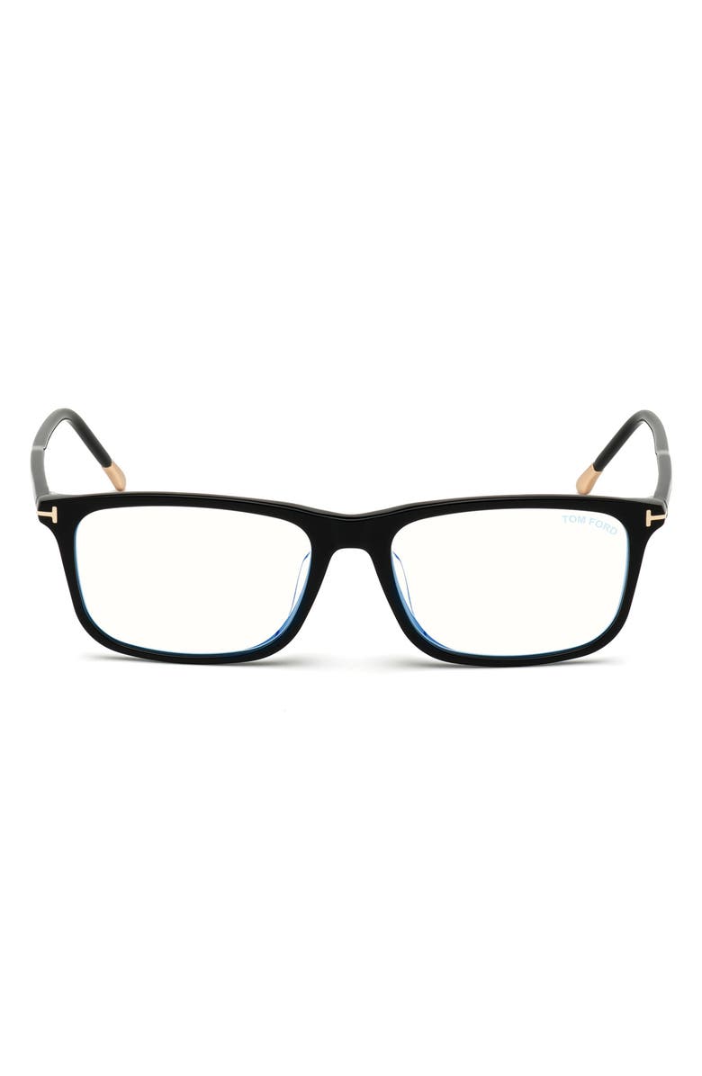 TOM FORD 57mm Rectangular Blue Light Blocking Optical Glasses, Main, color, Black Rose Gold Temple