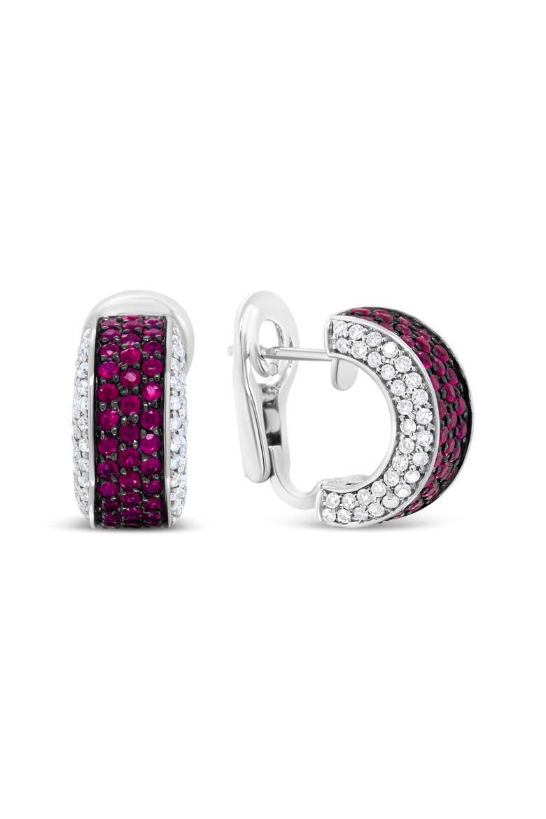 18K Gold & Black Rhodium Plated 3/4 Ctw Diamonds & Red Ruby Huggie Hoop Earrings, Alternate, color, White