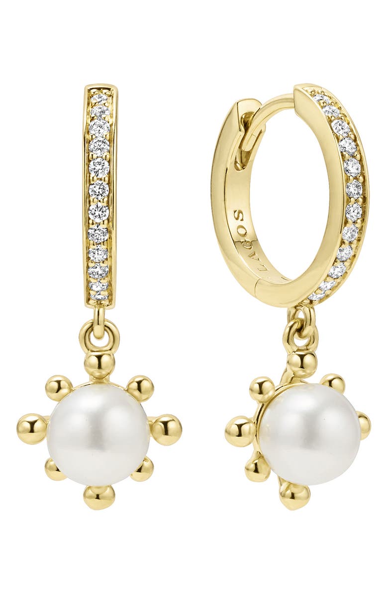 LAGOS 18K Luna Fleur Pearl & Diamond Drop Hoop Earrings, Alternate, color, Gold