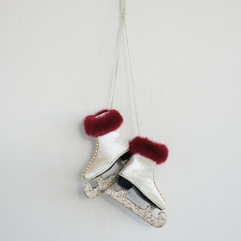 Faux Fur Ice Skates Ornament with Jewel Detailing