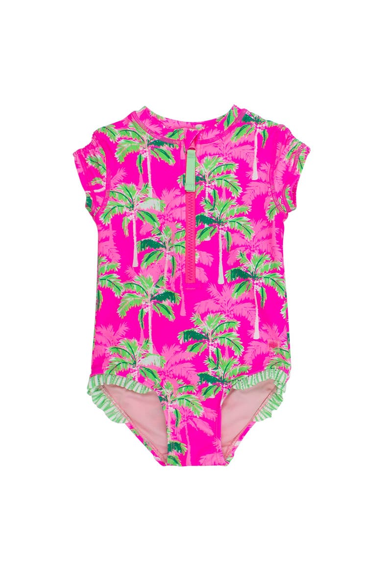 Girls Short Sleeve UPF50+ One Piece Rash Guard, Main, color, Neon Palm Paradise