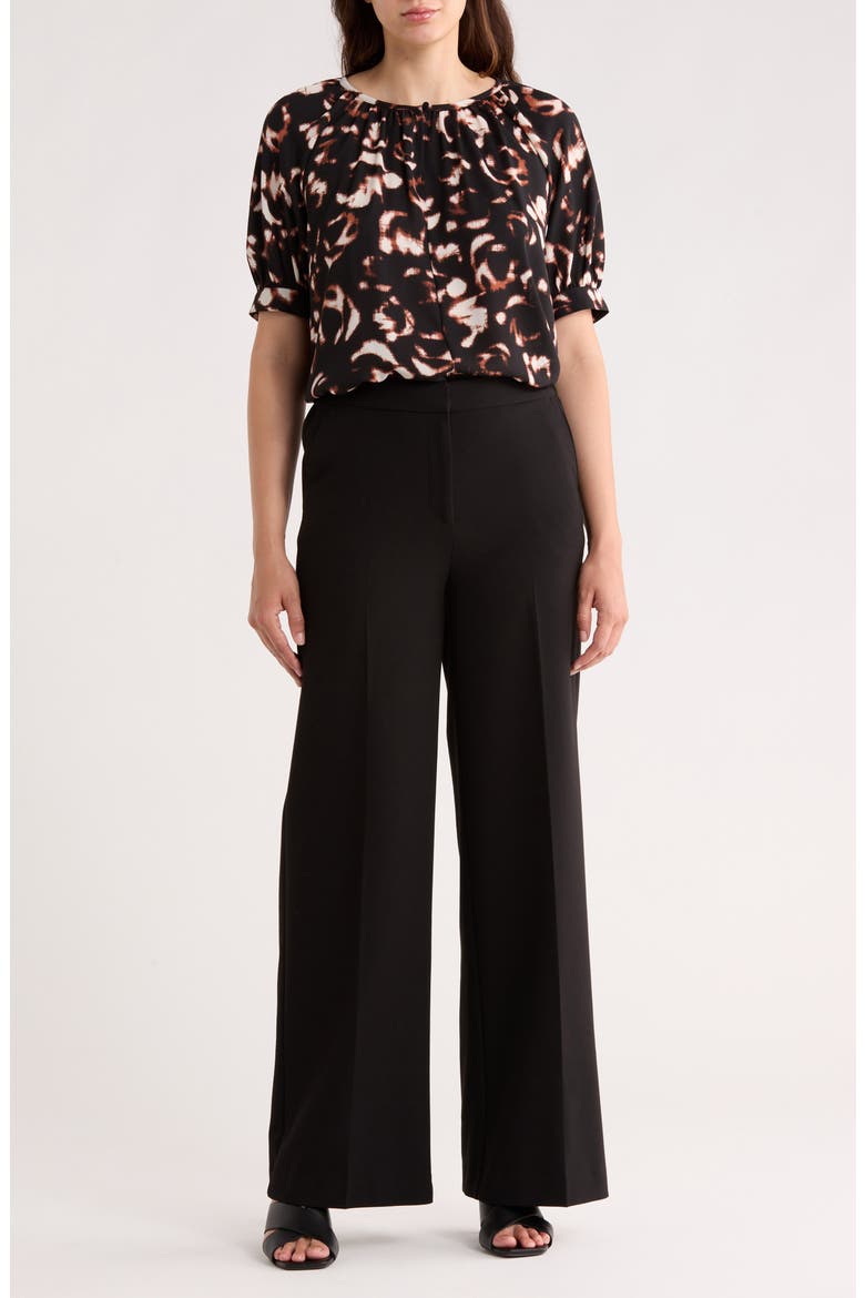 Gathered Neck Puff Sleeve Top, Alternate, color, BLACK- IVORY FLORAL CAMO