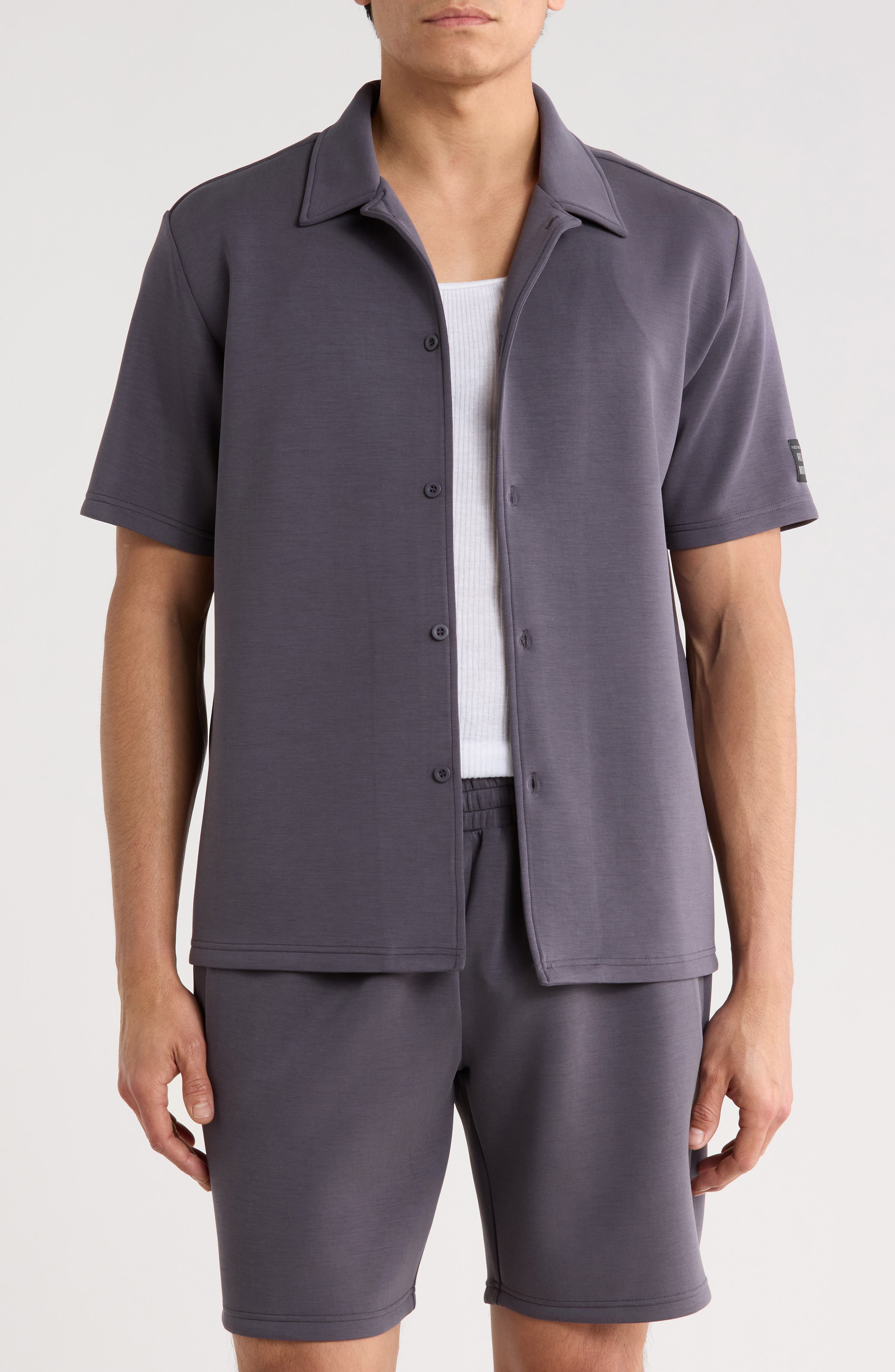 FLEECE FACTORY Sueded Scuba Short Sleeve Button-Up Shirt