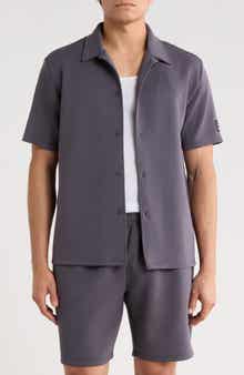 FLEECE FACTORY Sueded Scuba Short Sleeve Button-Up Shirt