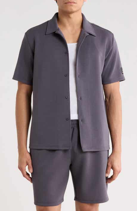 FLEECE FACTORY Sueded Scuba Short Sleeve Button-Up Shirt