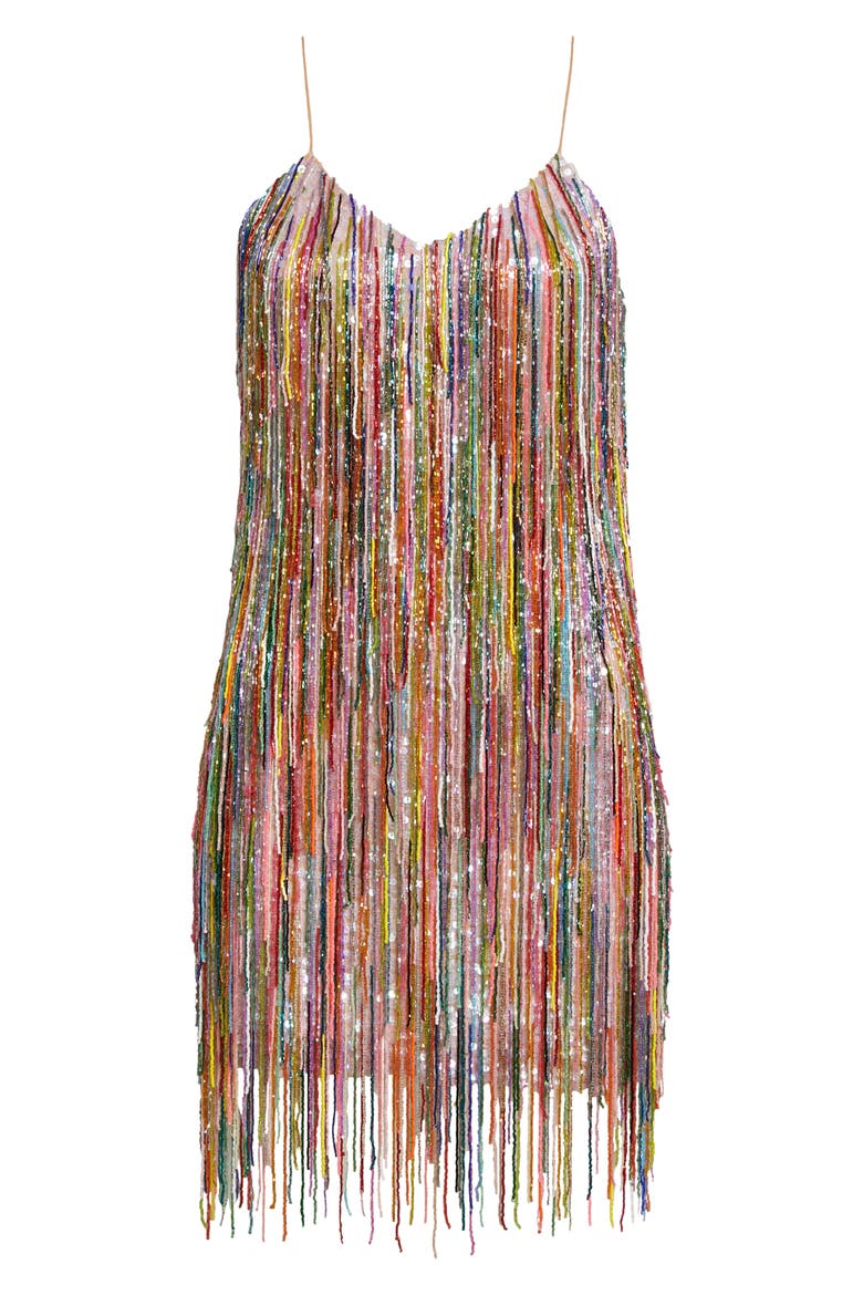 Sequin Beaded Fringe Slip Dress, Alternate, color, MULTI