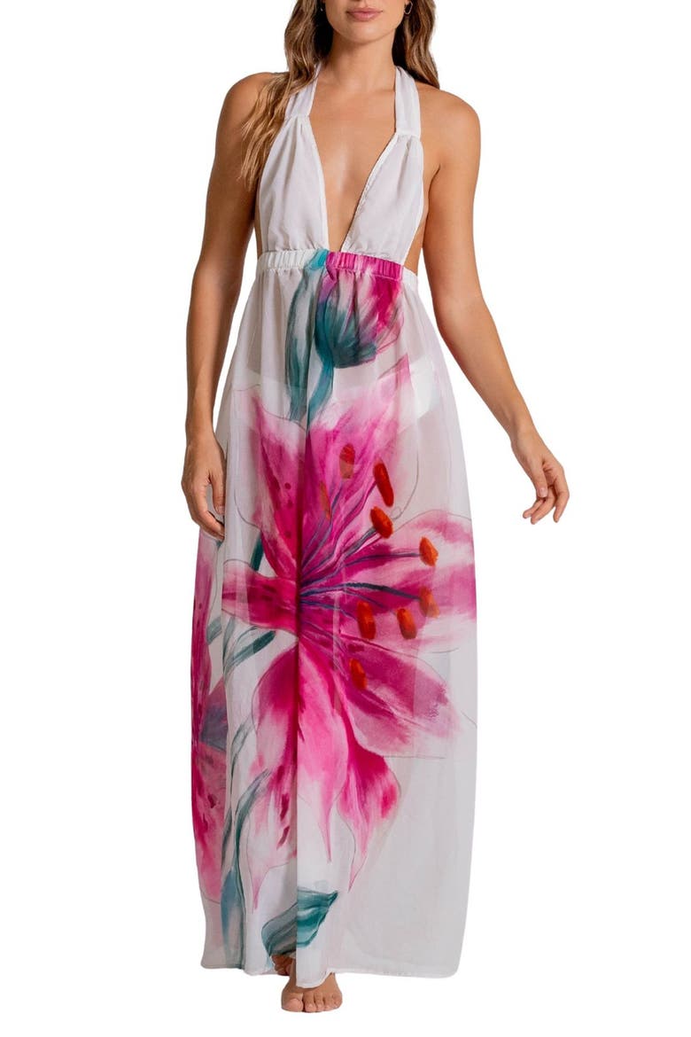 Floral Print Halter Maxi Dress, Main, color, WHITE MULTI