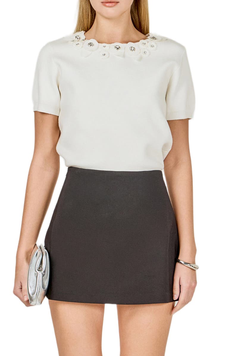 Endless Rose Embellished Floral Appliqué Short Sleeve Sweater, Alternate, color, Off White