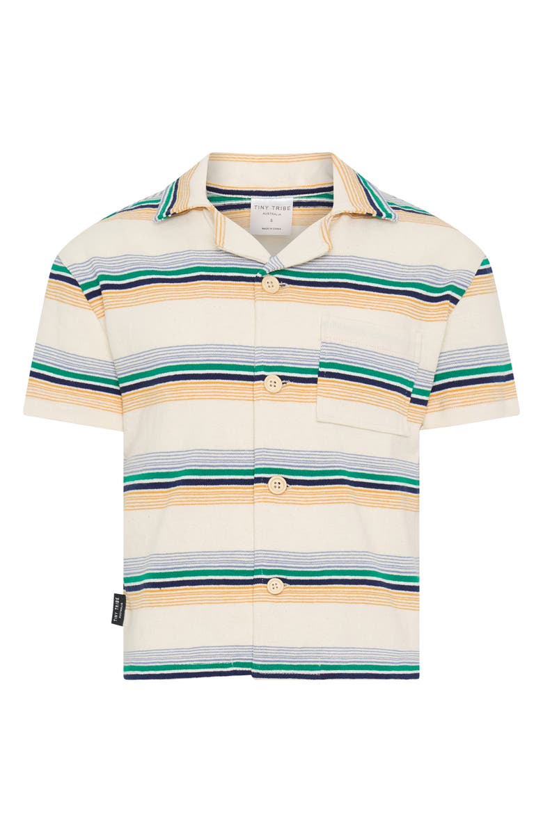 TINY TRIBE Kids' Stripe Short Sleeve Cotton Knit Button-Up Shirt, Main, color, 