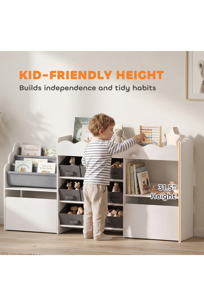 Kids Toy Storage Organizer, Kids Bookshelf with 8 Fabric Bins, 2 Rolling Drawers, Magazine Rack, Open Shelves, for Playroom, Kids Room, White, Alternate, color, White