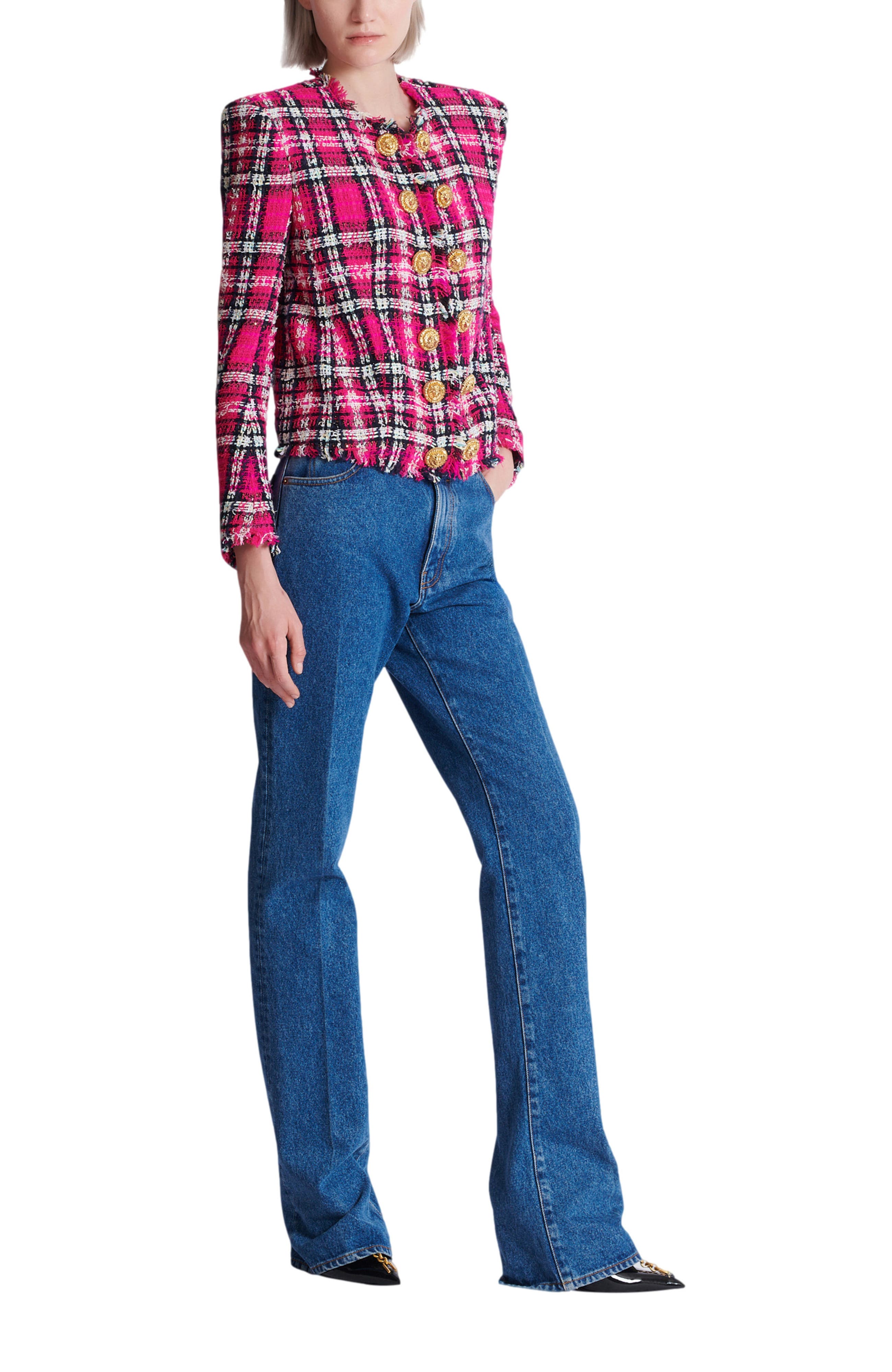Cropped jacket in glitter plaid tweed