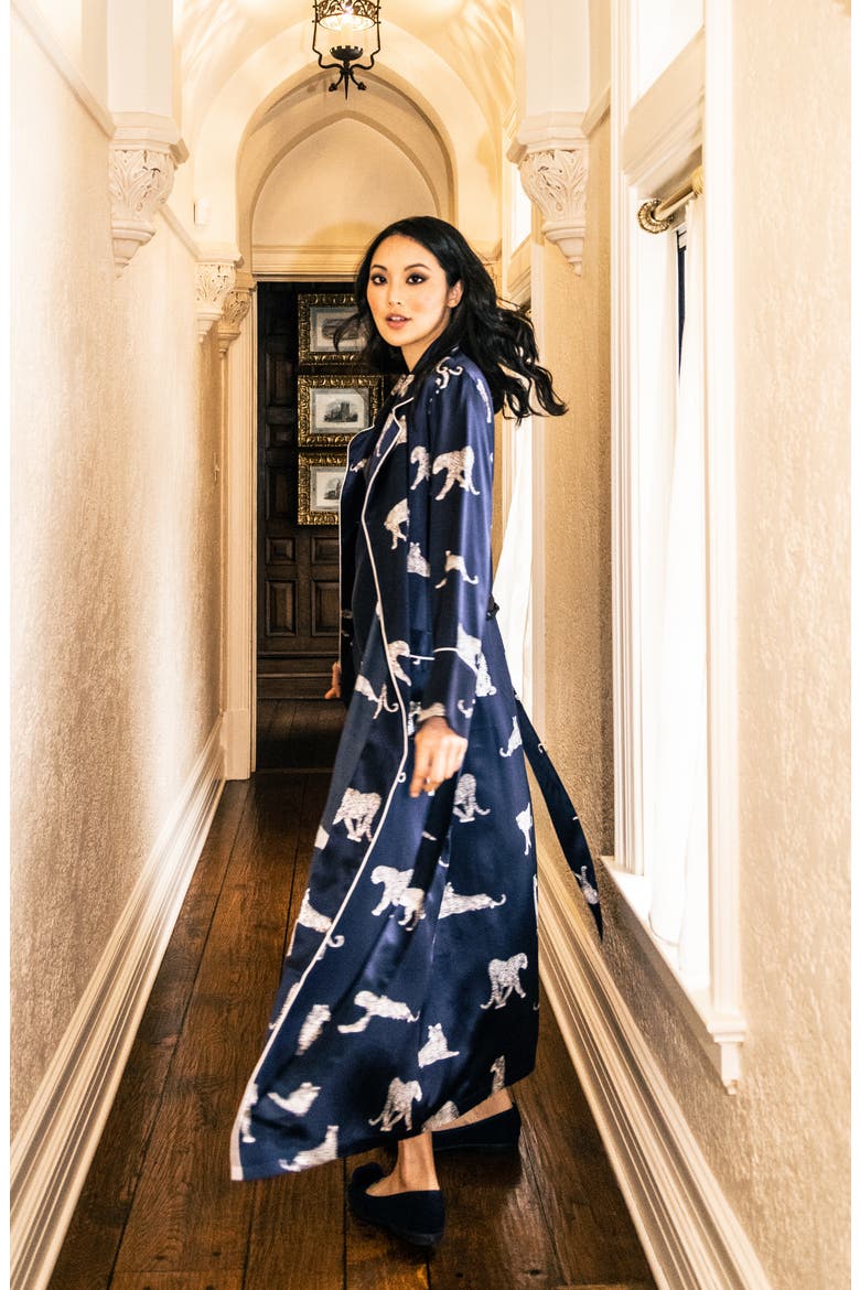 Panthre de Nuit Piped Silk Robe, Alternate, color, NAVY