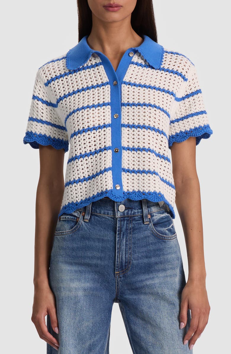 Alice + Olivia Randall Open Stitch Cotton Blend Cardigan, Main, color, Blue Iris/ White
