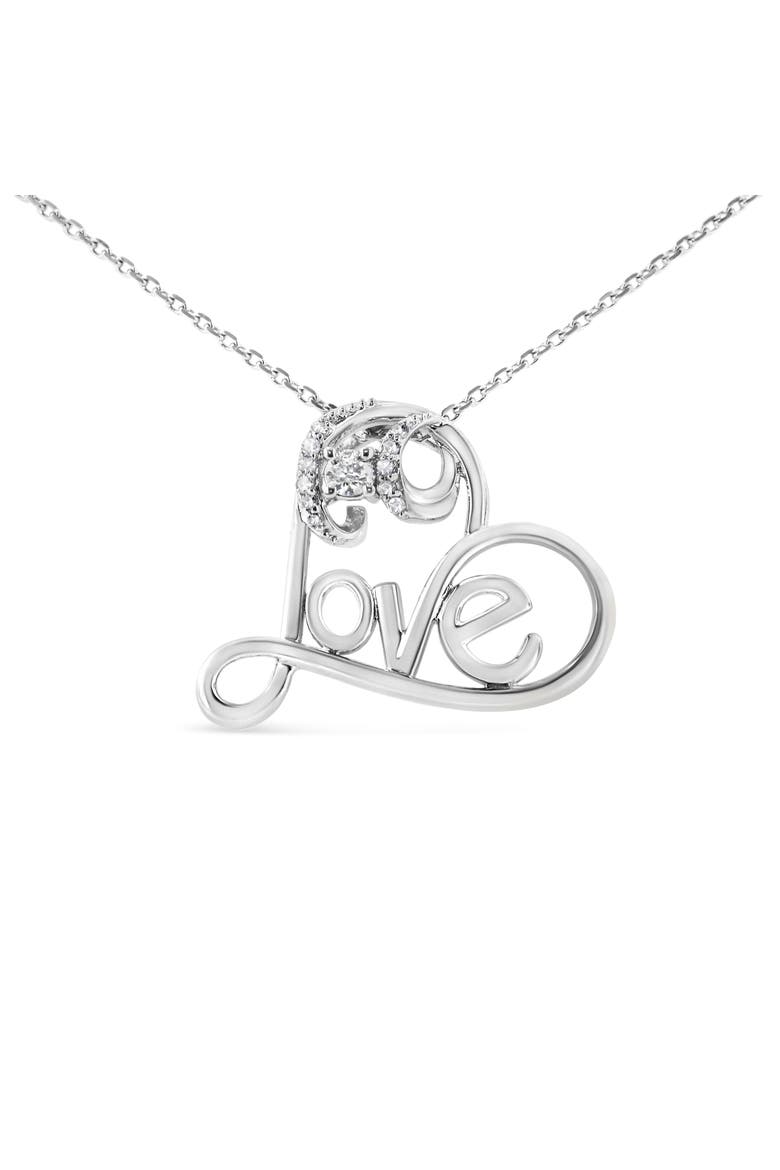 Silver 1/10 Cttw Round Diamond Accented Open Heart with Love Pendant Necklace, Main, color, White