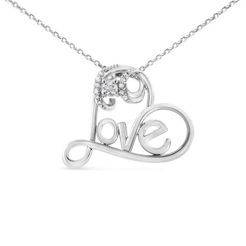 Silver 1/10 Cttw Round Diamond Accented Open Heart with Love Pendant Necklace