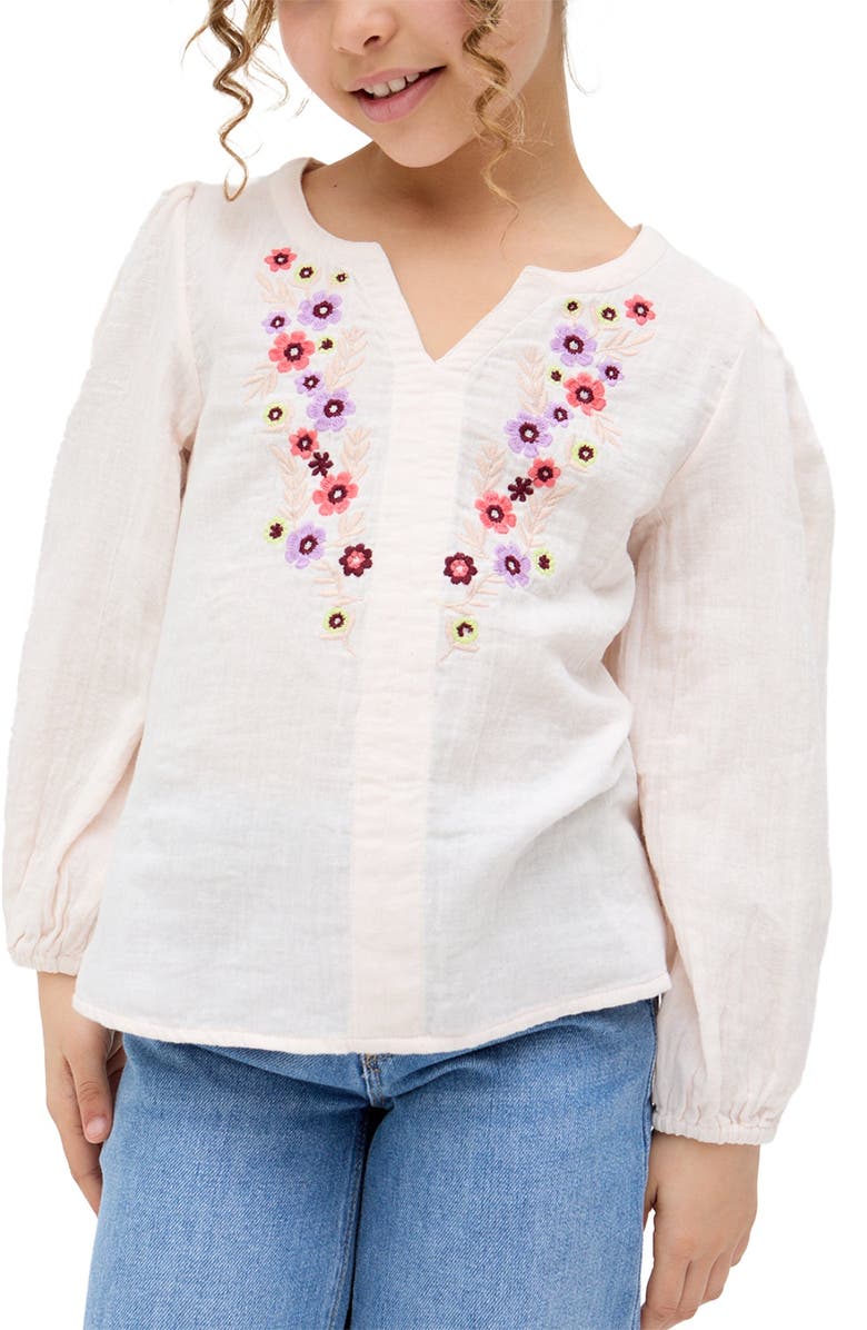Raffya Kids Kids Dina V-Neck Embroidered Blouse, Main, color, Ecru