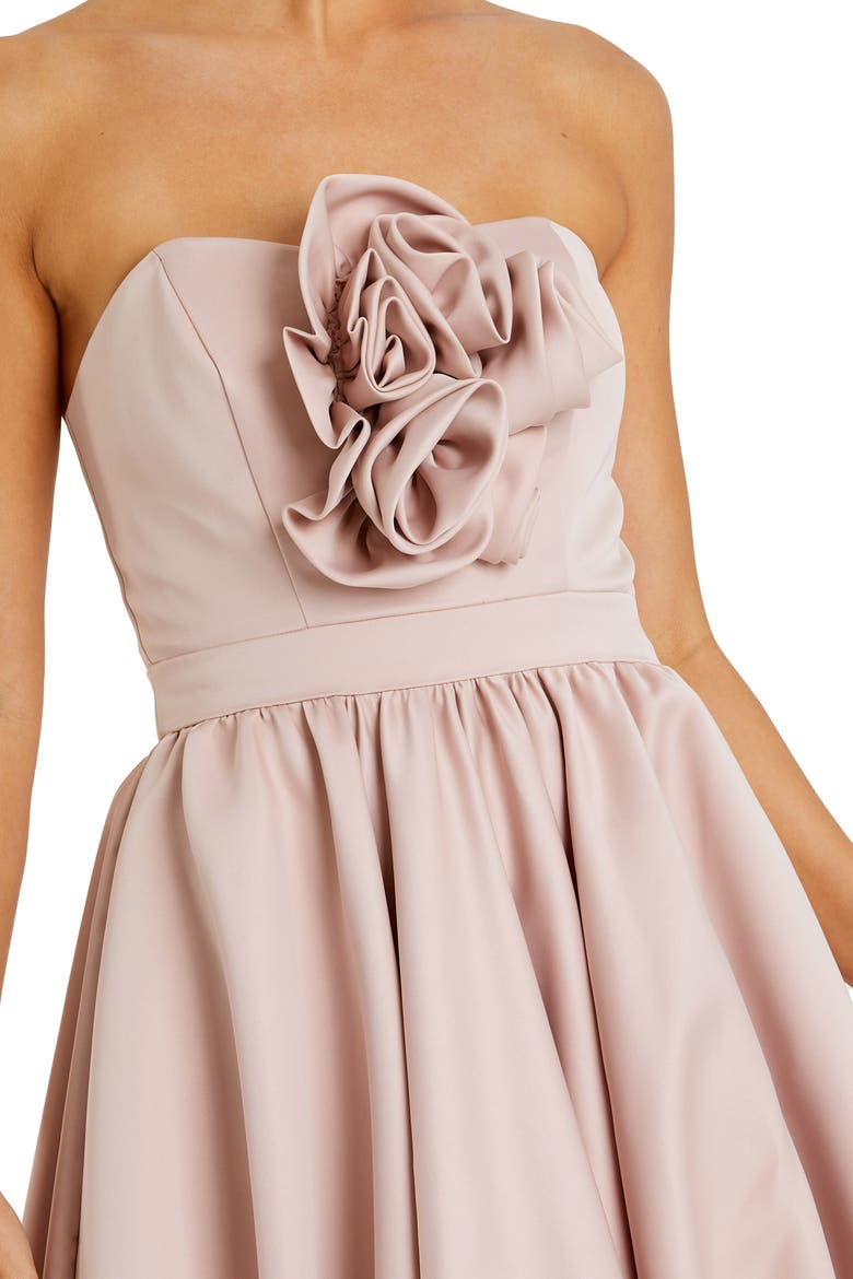 Satin Strapless Bubble High Low Gown With Roses, Alternate, color, Blush