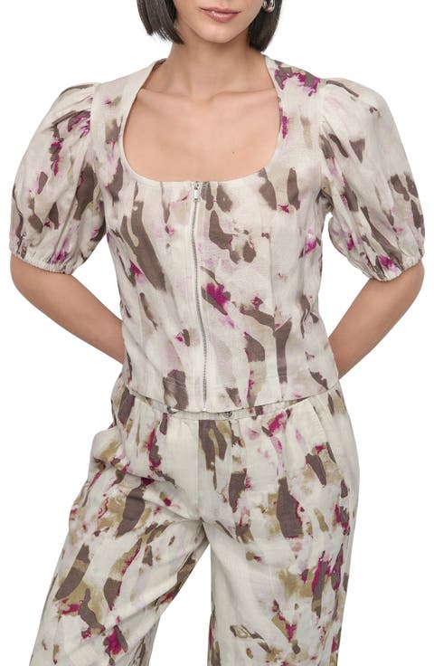 Print Zip Front Puff Sleeve Linen Blend Top