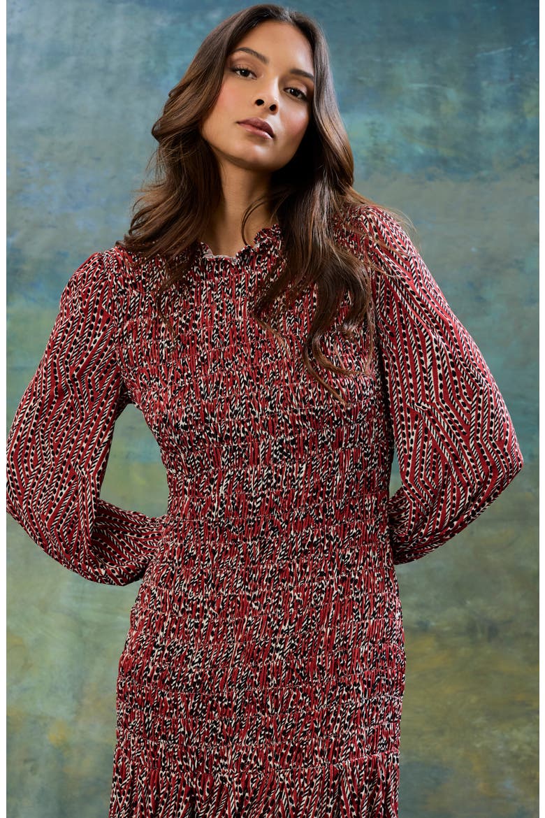 Smocked Long Sleeve Maxi Dress, Alternate, color, RUST/ BLACK