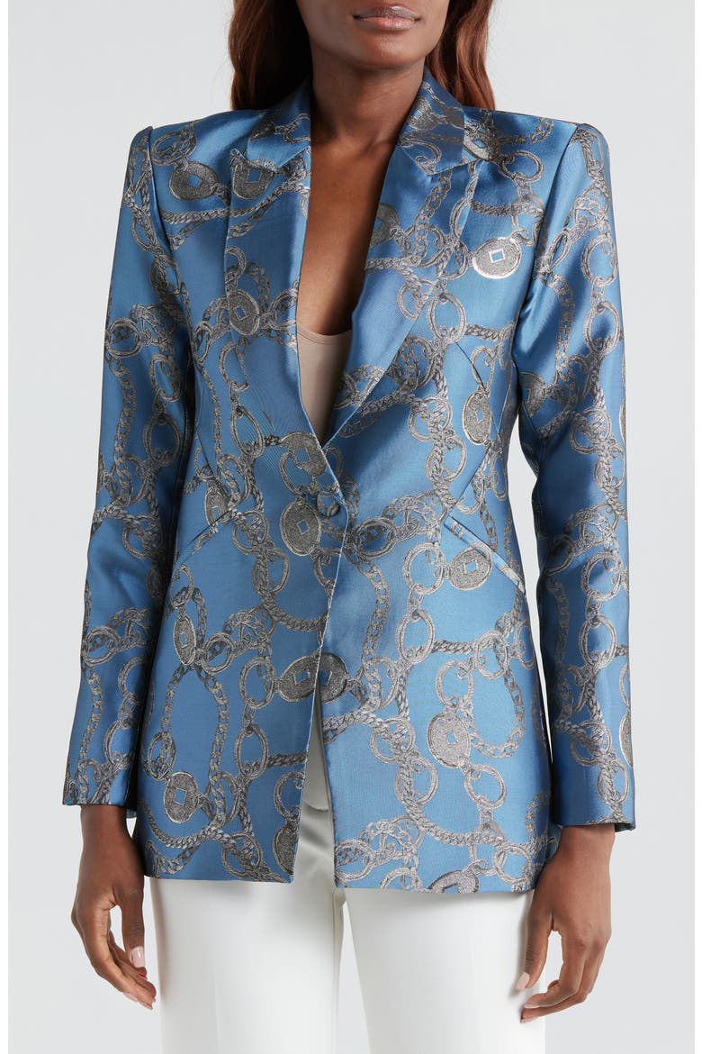 Sheila Structured Satin Blazer, Alternate, color, BLUE HORIZON/ SILVER GOOD LUCK