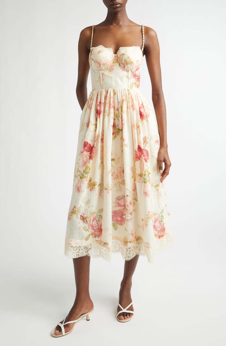 Zimmermann Roselight Picnic Linen Midi Sundress, Main, color, Cream Rose Floral