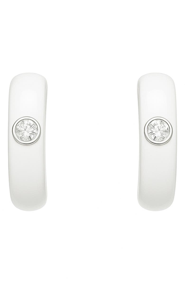 House of Frosted Gemstone & Enamel Huggie Hoop Earrings, Main, color, Silver/ Wht Enamel/ Wht Topaz