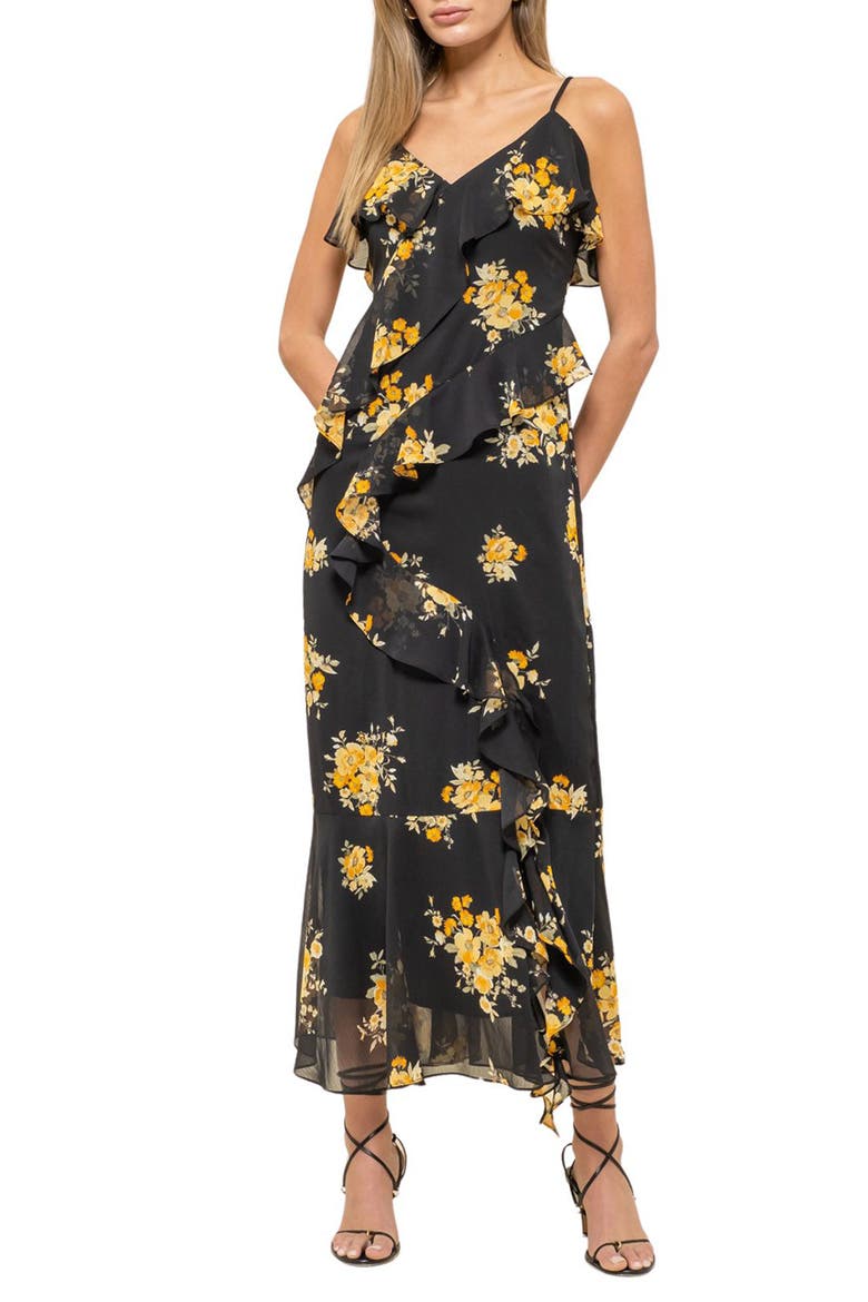 Floral Ruffle Midi Dress, Main, color, BLACK MULTI