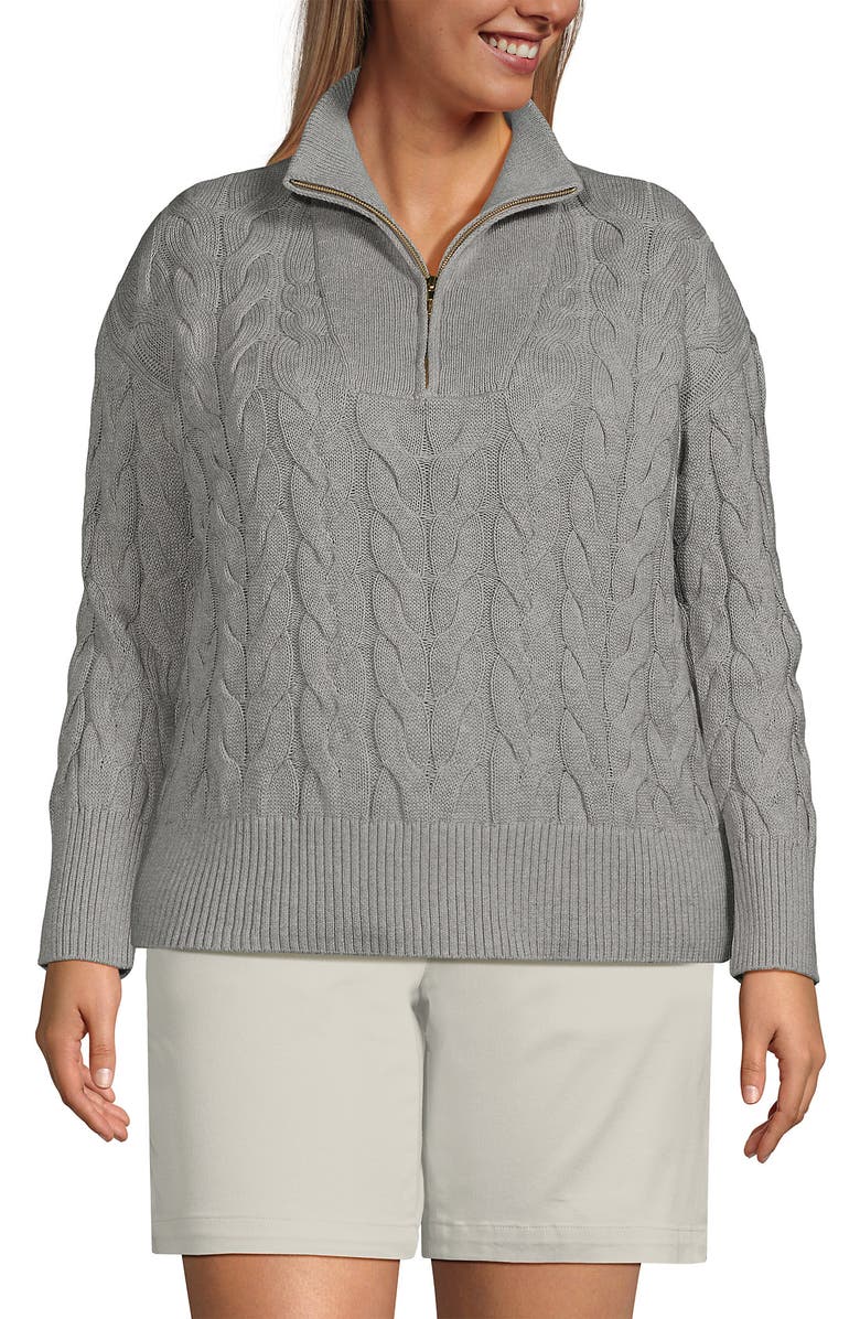 Lands' End Plus Size Drifter Cotton Quarter Zip Pullover Sweater, Main, color, Gray Heather