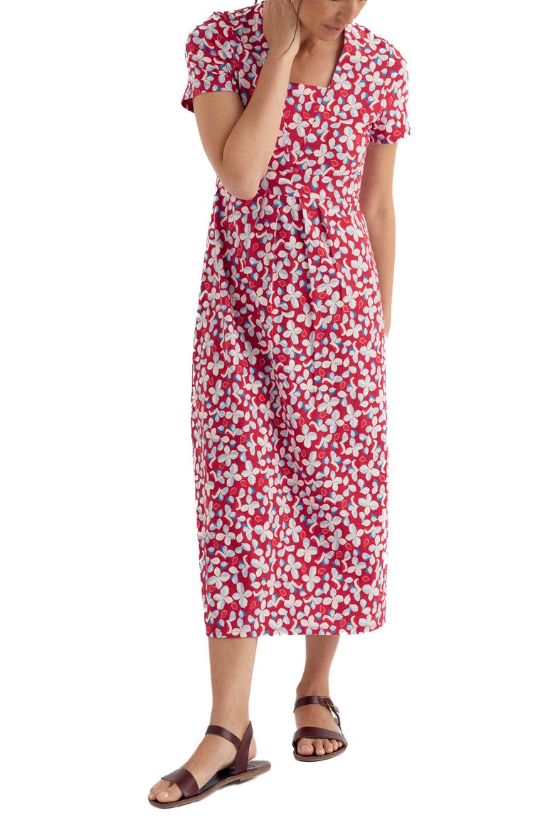 Seed Packet Floral Stretch Organic Cotton Midi Dress, Main, color, POSY PRESS BOAT RED