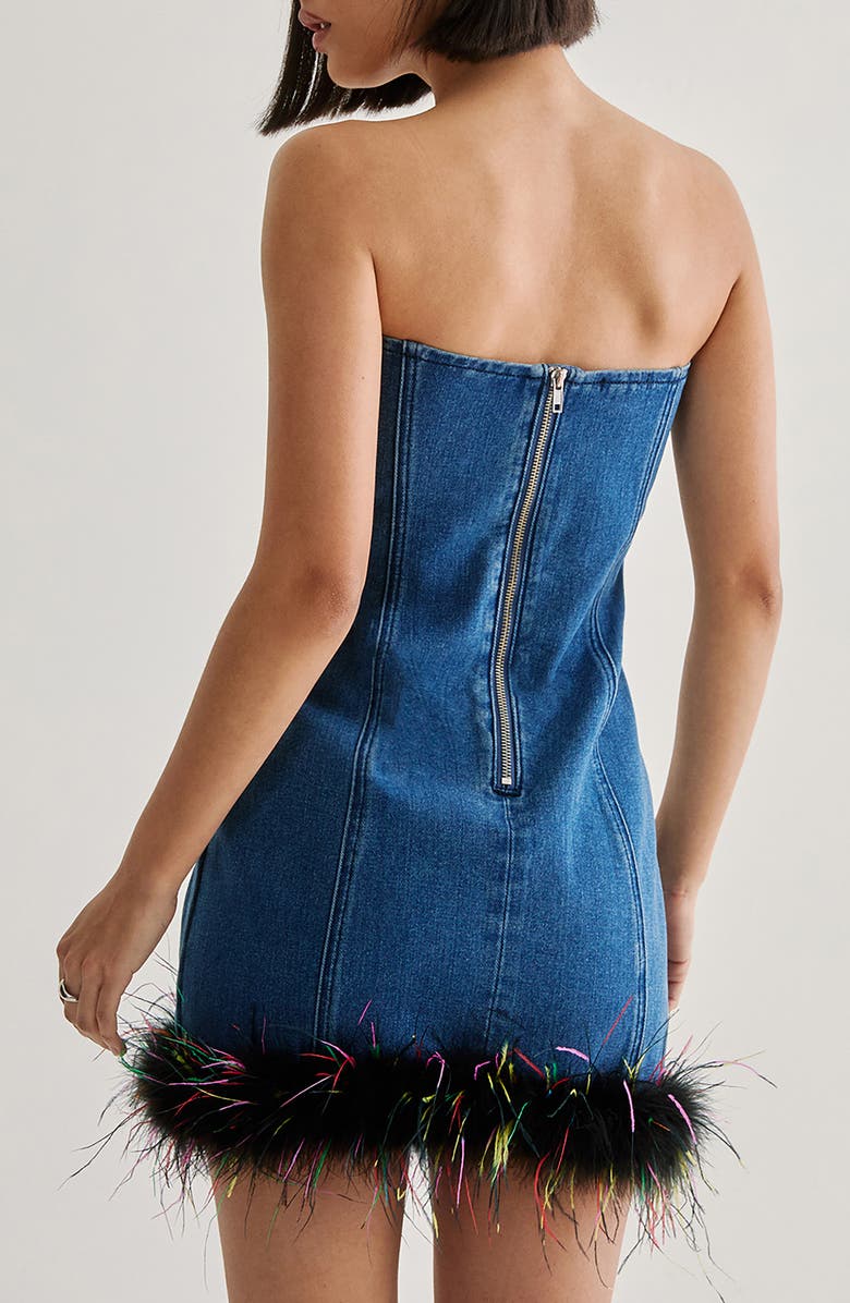 NASTY GAL Feather Hem Strapless Denim Minidress, Alternate, color, Authentic Denim