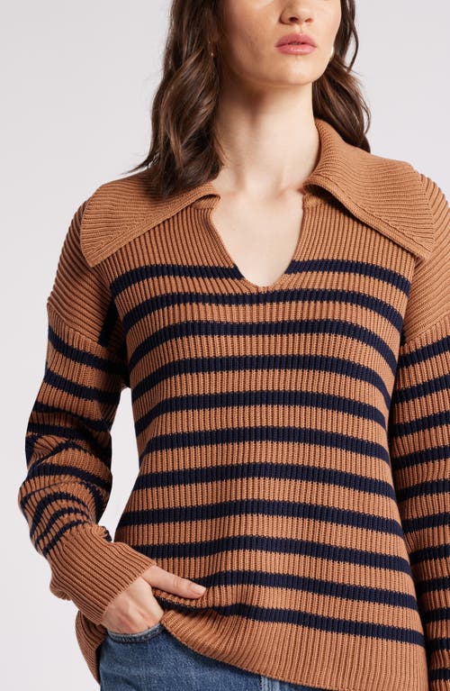 Nordstrom Stripe Long Sleeve Cotton Sweater In Tan- Navy Stripe