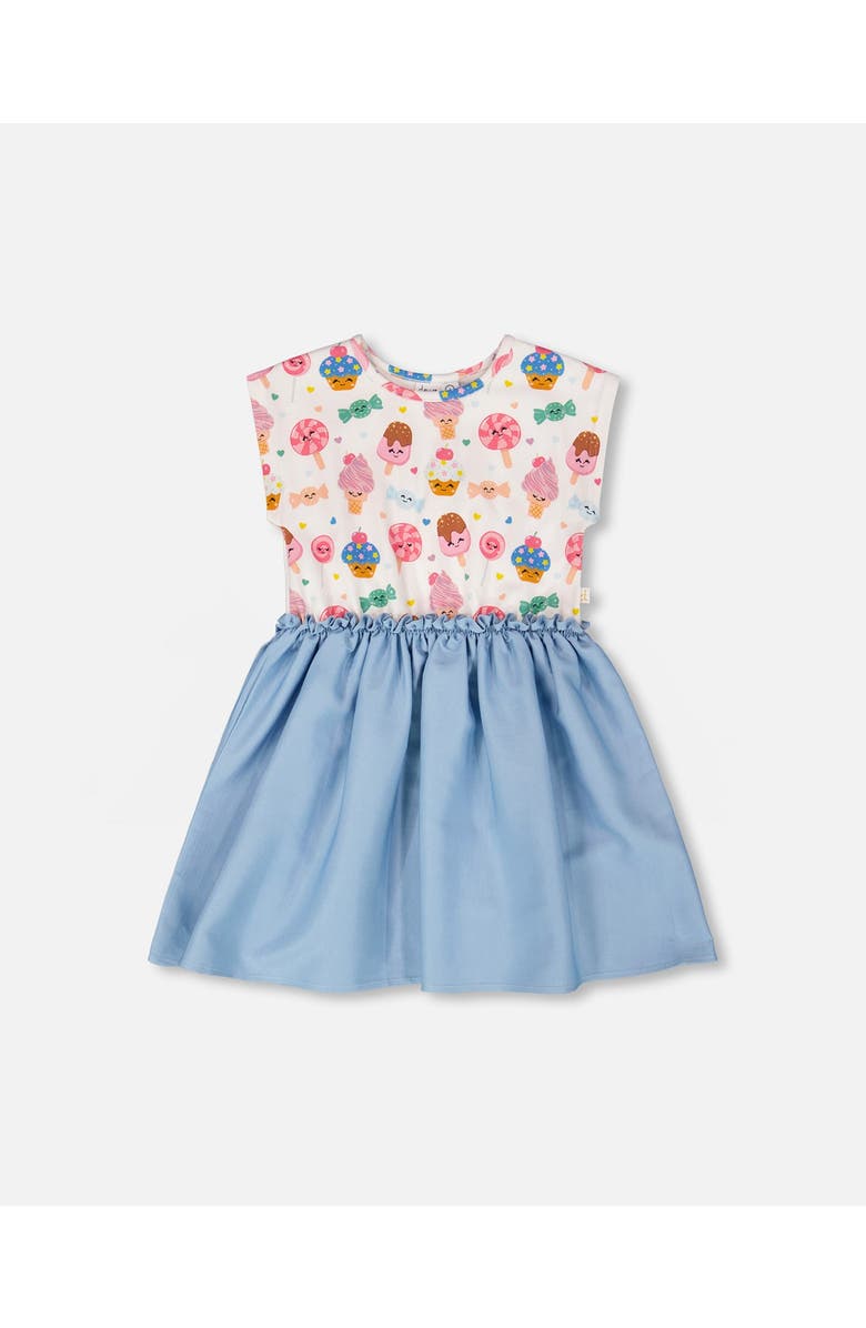 Deux par Deux Bi-Material Soft Jersey Short Sleeve Candy Dress, Main, color, White Printed With Candies