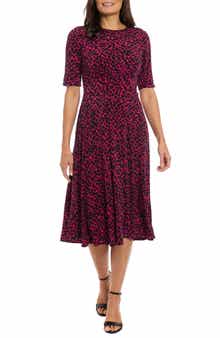 London Times Short Sleeve Inset Waist Fit & Flare Midi Dress