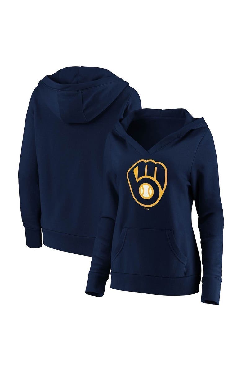 FANATICS Women's Fanatics Branded Navy Milwaukee Brewers Official Logo Crossover V-Neck Pullover Hoodie, Main, color, Navy