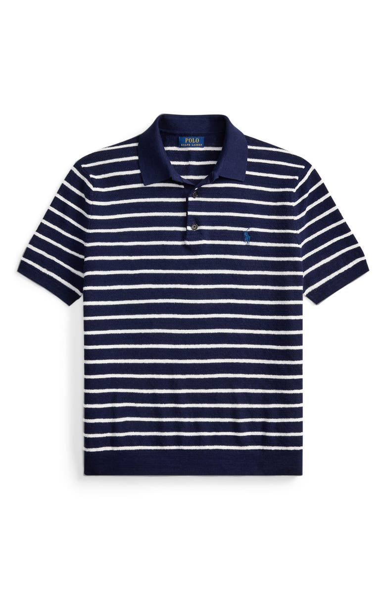 Polo Ralph Lauren Stripe Cotton & Linen Polo Sweater, Alternate, color, Bright Navy Combo