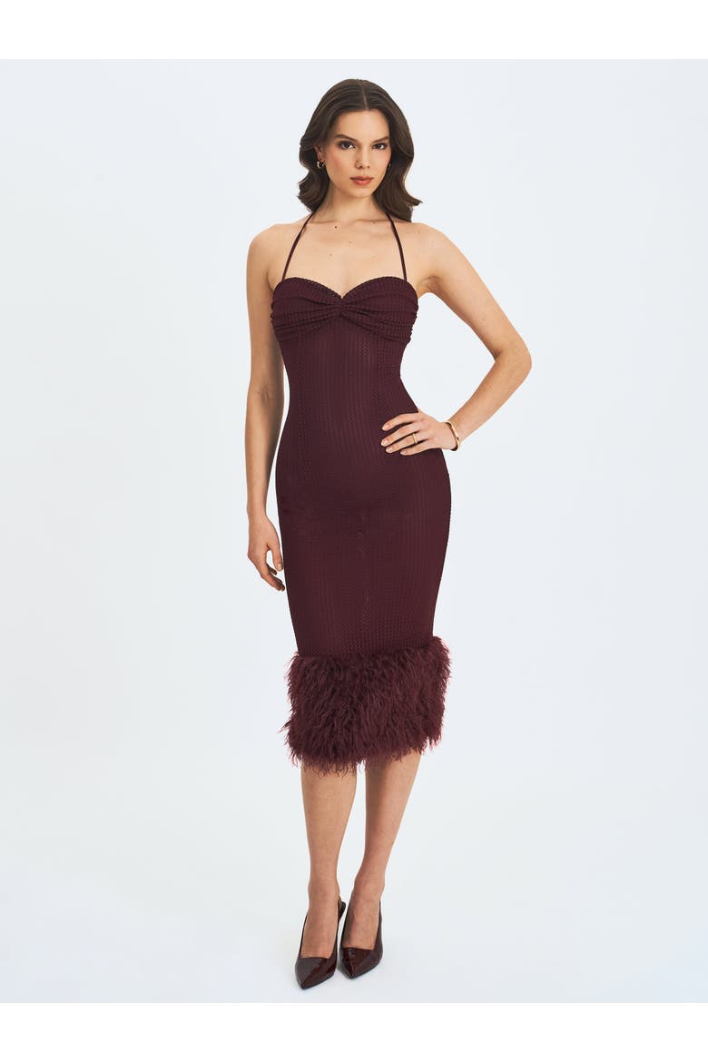 Pluma Halter Faux-Fur Trimmed Midi Dress, Alternate, color, Maroon