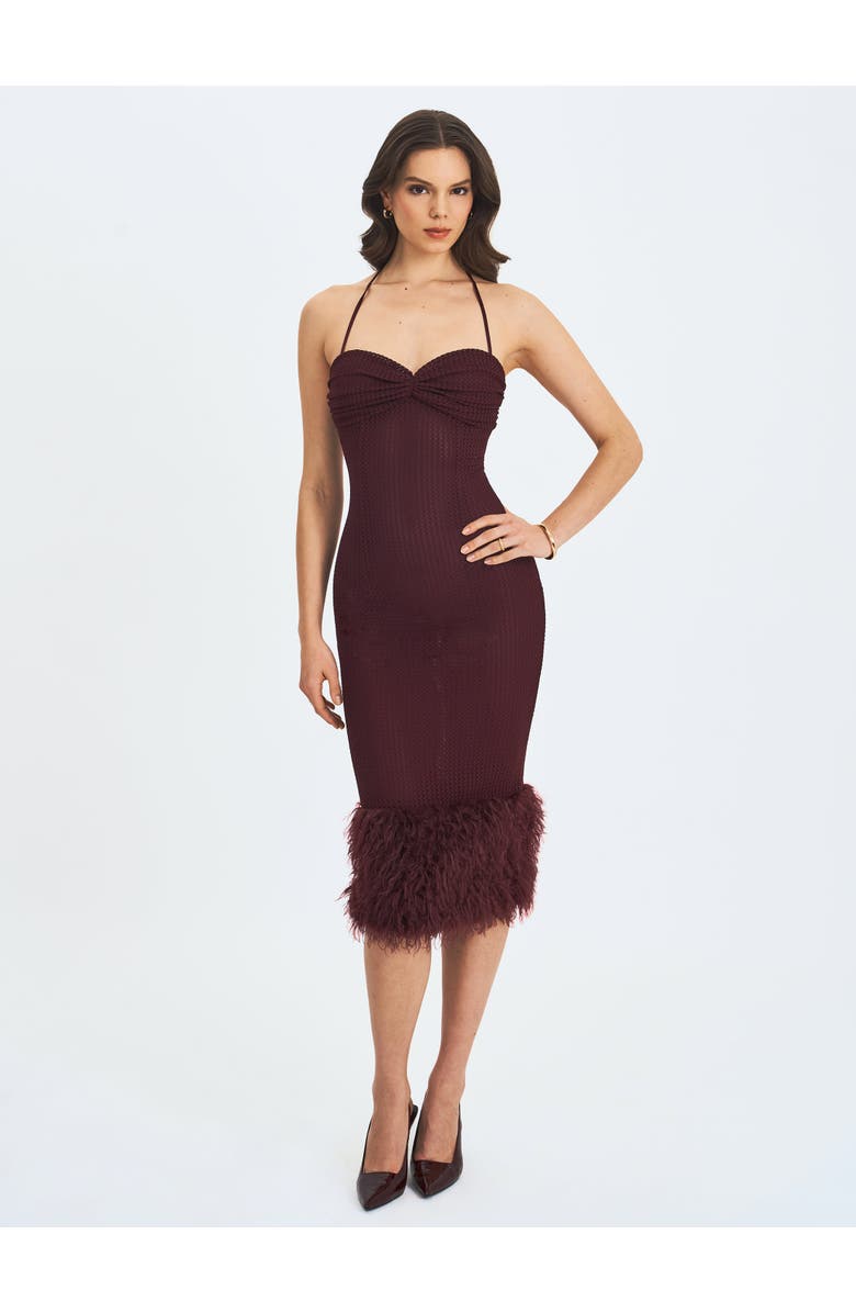 Miss Circle Pluma Halter Faux-Fur Trimmed Midi Dress, Alternate, color, Maroon