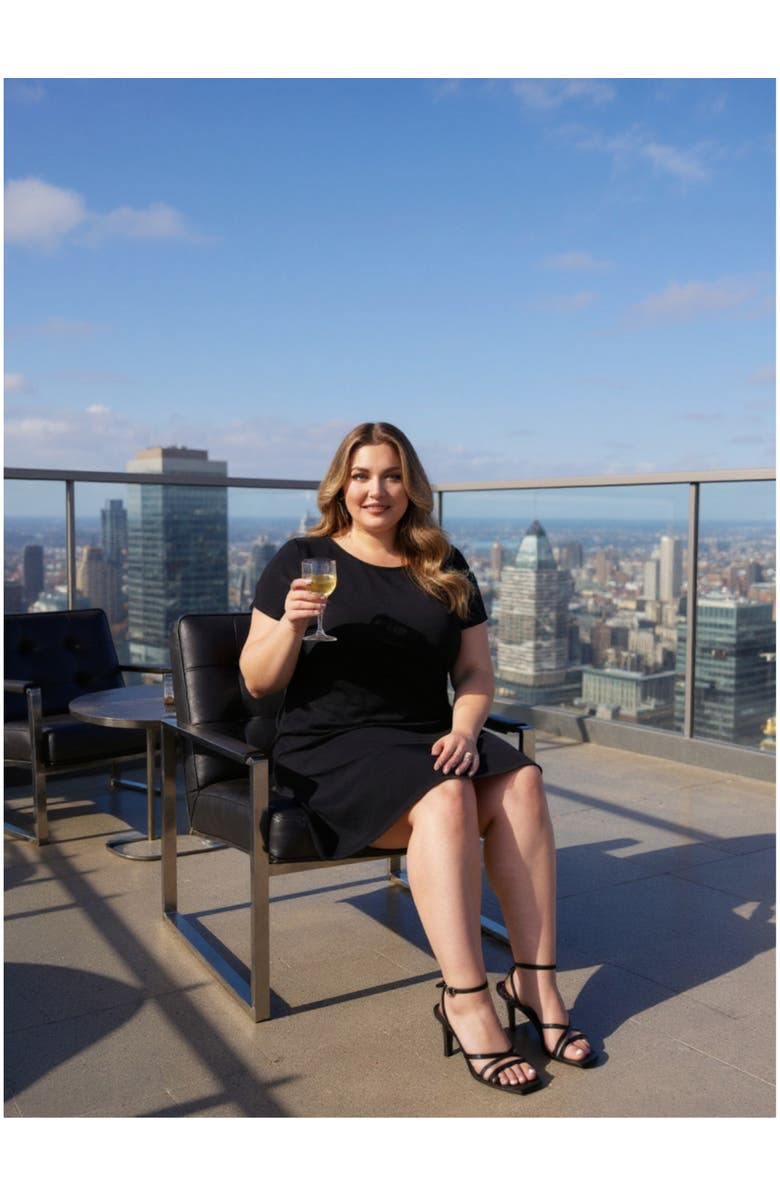 24seven Comfort Apparel Plus Size Solid Short Sleeve Round Neck Mini Shift Dress, Alternate, color, Black