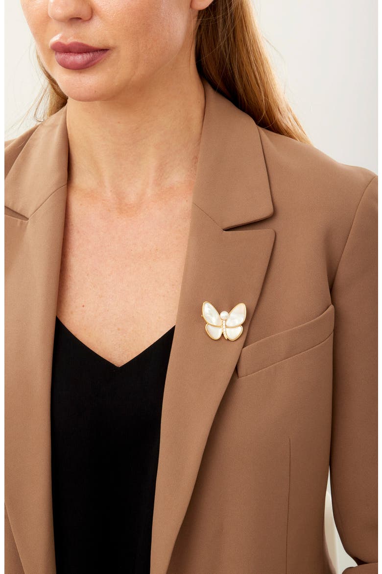 Mother of Pearl & Cubic Zirconia Butterfly Brooch, Alternate, color, GOLD