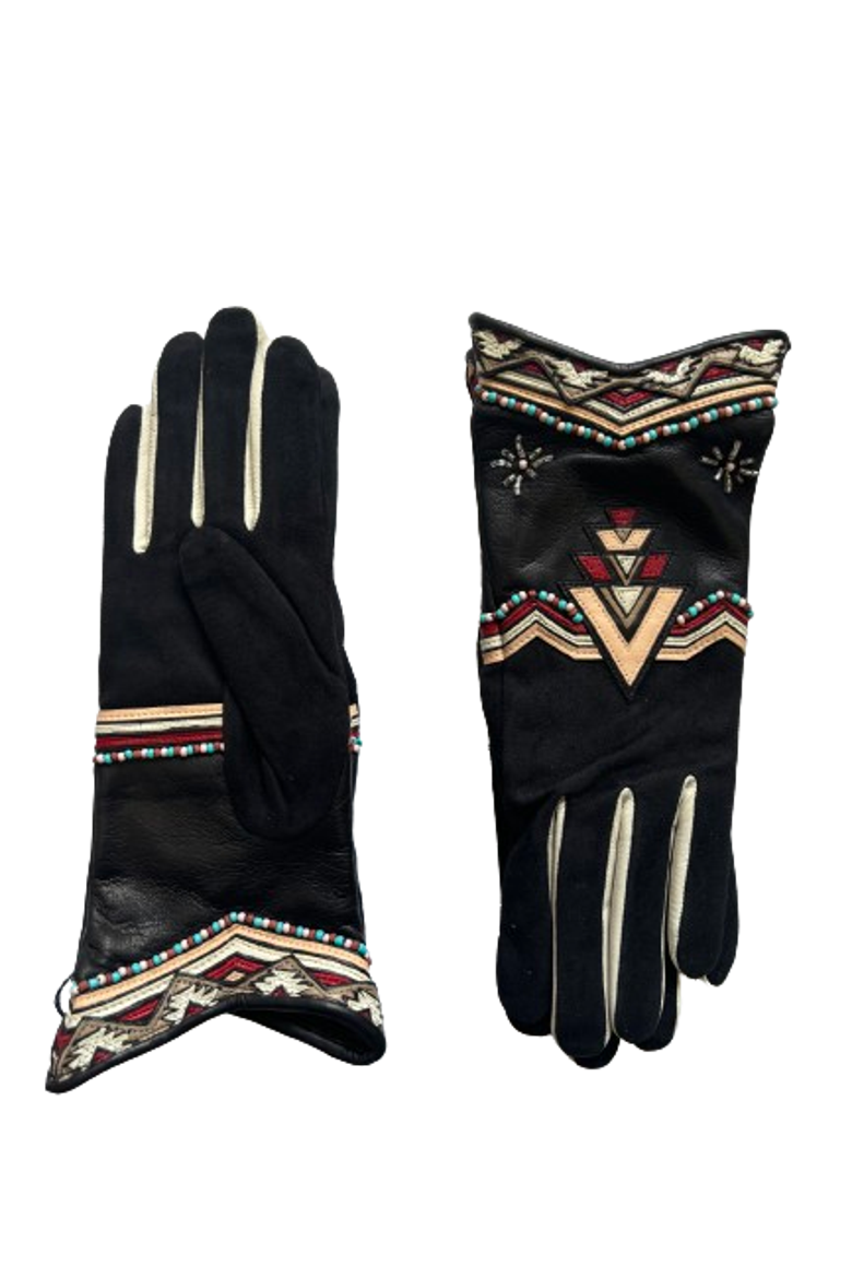 Catoria Leather Gloves with Beaded Southwest Motif, Main, color, BLACK/MULTICOLOR