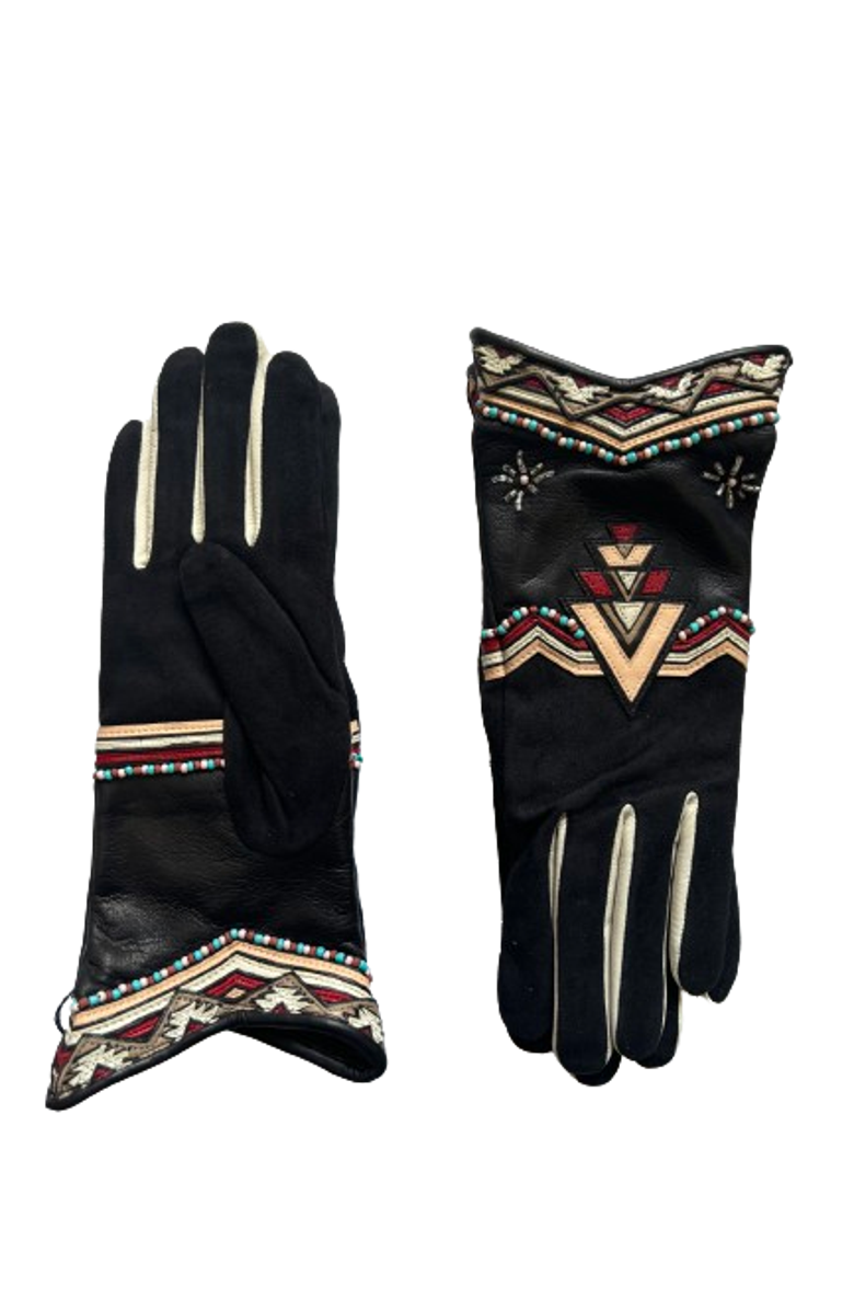 Agnelle Catoria Leather Gloves with Beaded Southwest Motif, Main, color, Black/Multicolor