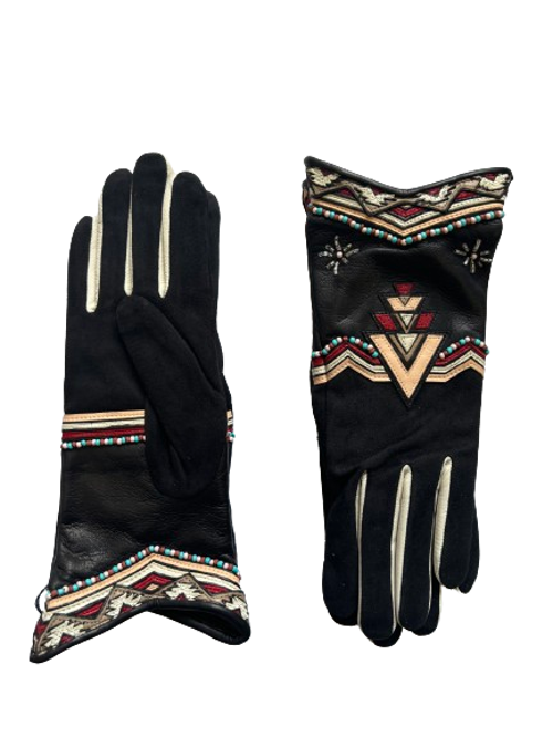 Agnelle Catoria Leather Gloves With Beaded Southwest Motif In Black
