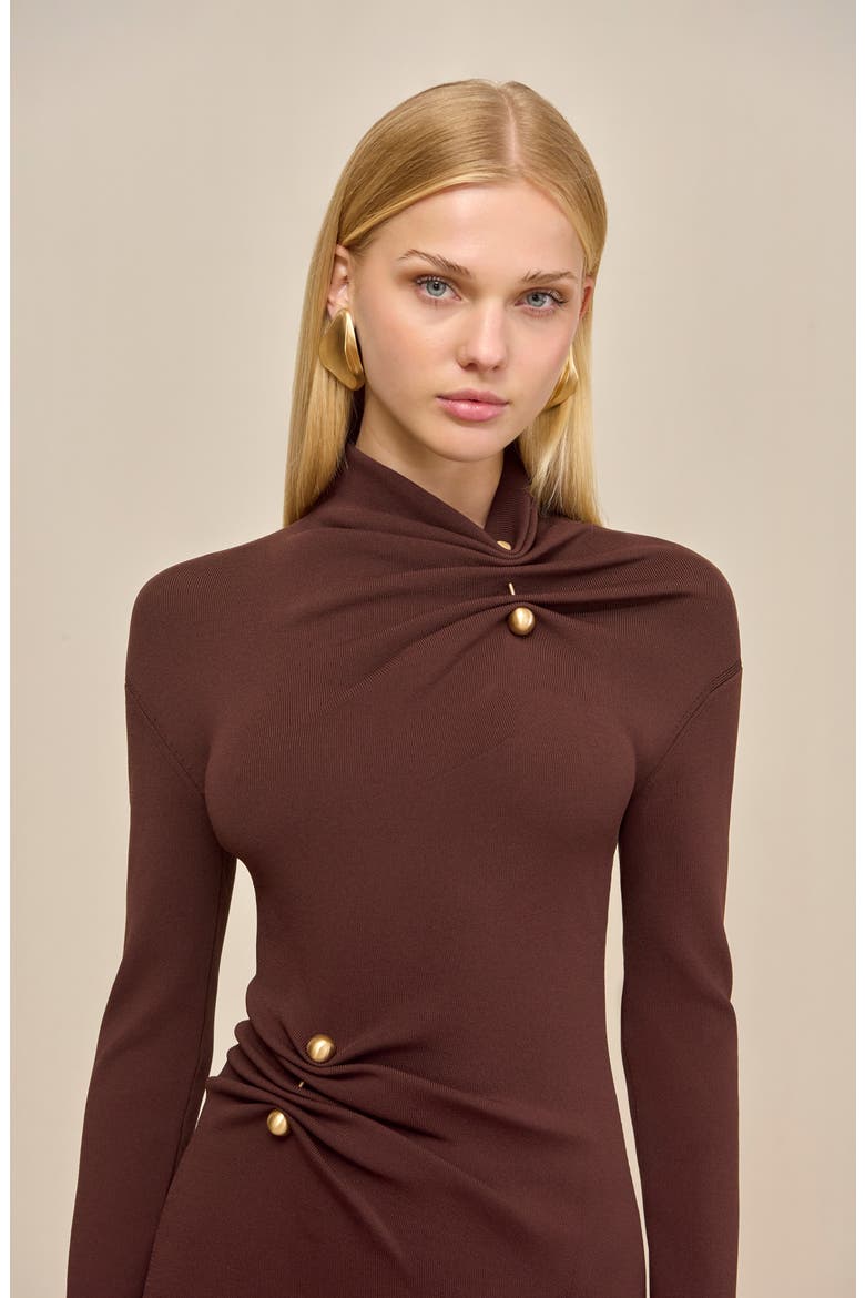 Vera Ruched Mock Neck Long Sleeve Midi Dress, Alternate, color, JAVA